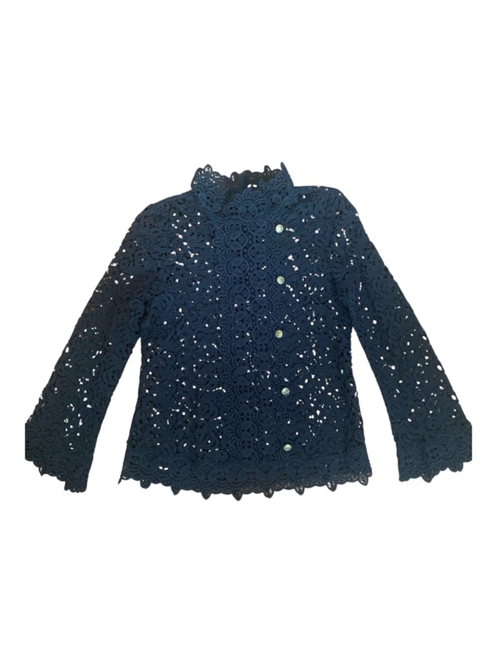Zara Black Lace Crochet Blouse High Neck Sheer Long Sleeve Scalloped Top S